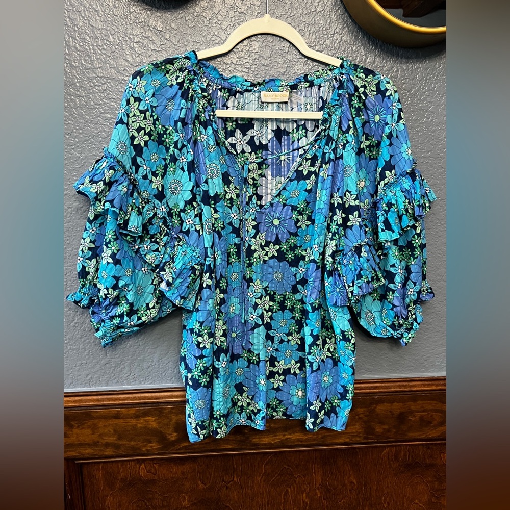 Ramy Brook Blue and Black Floral Blouse